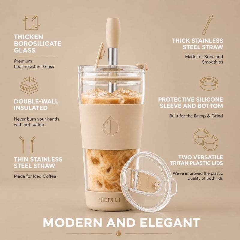 Hemli 19 oz. Clear Double Wall Glass Coffee Tumbler, To Go Glass Travel Mug with Lid and Straw, Reusable Cup Tea, Smoothies, Ice Coffee, and Boba (White Biege) - Image 2