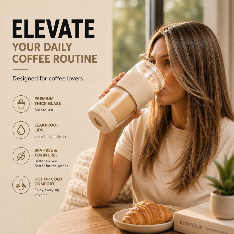 Hemli 19 oz. Clear Double Wall Glass Coffee Tumbler, To Go Glass Travel Mug with Lid and Straw, Reusable Cup Tea, Smoothies, Ice Coffee, and Boba (White Biege) - Image 3