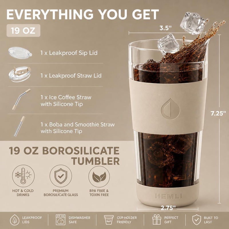 Hemli 19 oz. Clear Double Wall Glass Coffee Tumbler, To Go Glass Travel Mug with Lid and Straw, Reusable Cup Tea, Smoothies, Ice Coffee, and Boba (White Biege) - Image 5