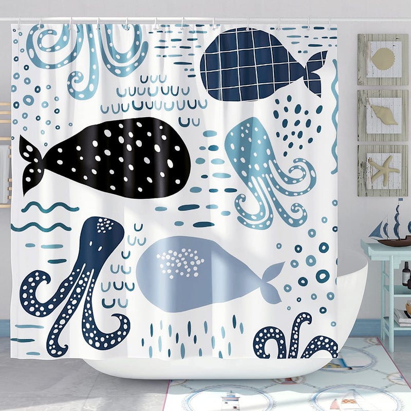 DESIHOM Blue Whale Shower Curtain Set Cool Funny Ocean Cartoon Shower Curtains for Bathroom Cute Kids Bathroom Decor Polyester Fabric72 x 72