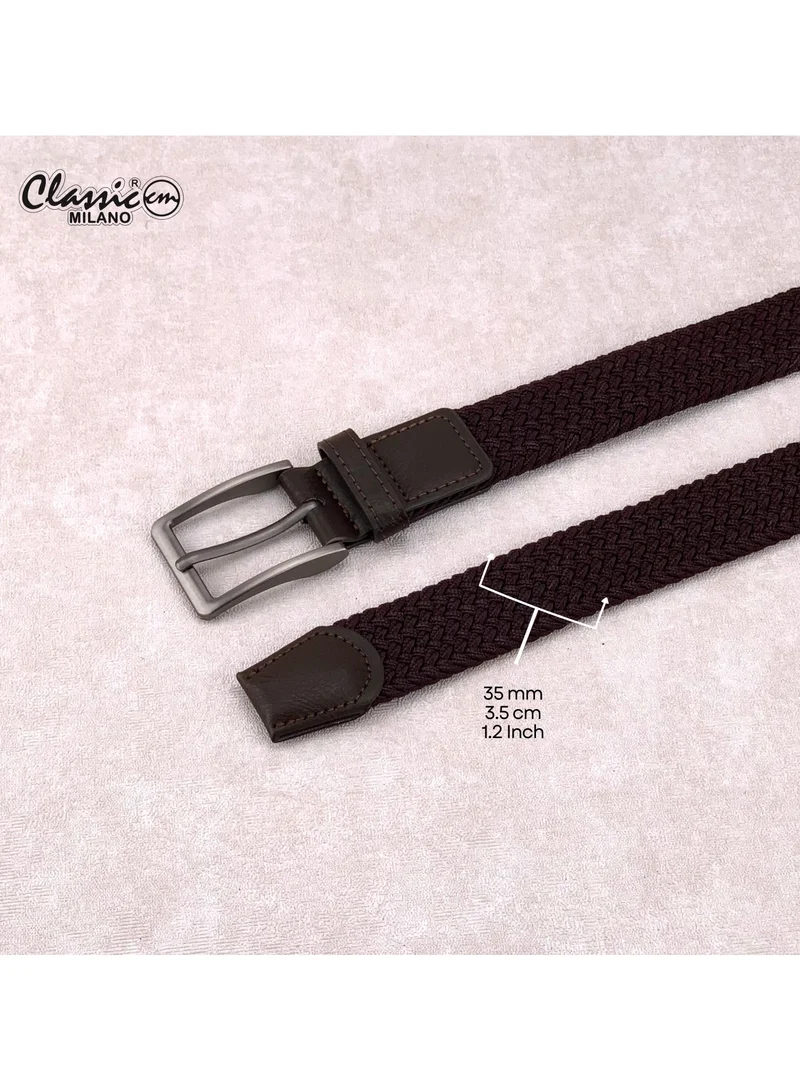 Classic Milano Brown (DWE-315) Classic Milano Braided Cotton Elastic Stretch Belt for Men & Women, Woven Canvas Web Belt with Gift Box, Adjustable Men's Belt | Full Length: 110CM (Free Size - Fits up to the waist of 40 Inches / 100 CM)  | Best Price UAE