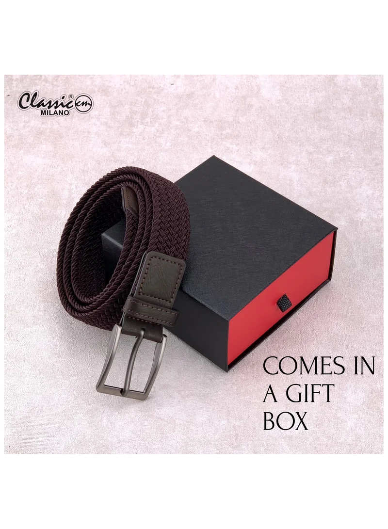 Classic Milano Brown (DWE-315) Classic Milano Braided Cotton Elastic Stretch Belt for Men & Women, Woven Canvas Web Belt with Gift Box, Adjustable Men's Belt | Full Length: 110CM (Free Size - Fits up to the waist of 40 Inches / 100 CM)  | Best Price UAE
