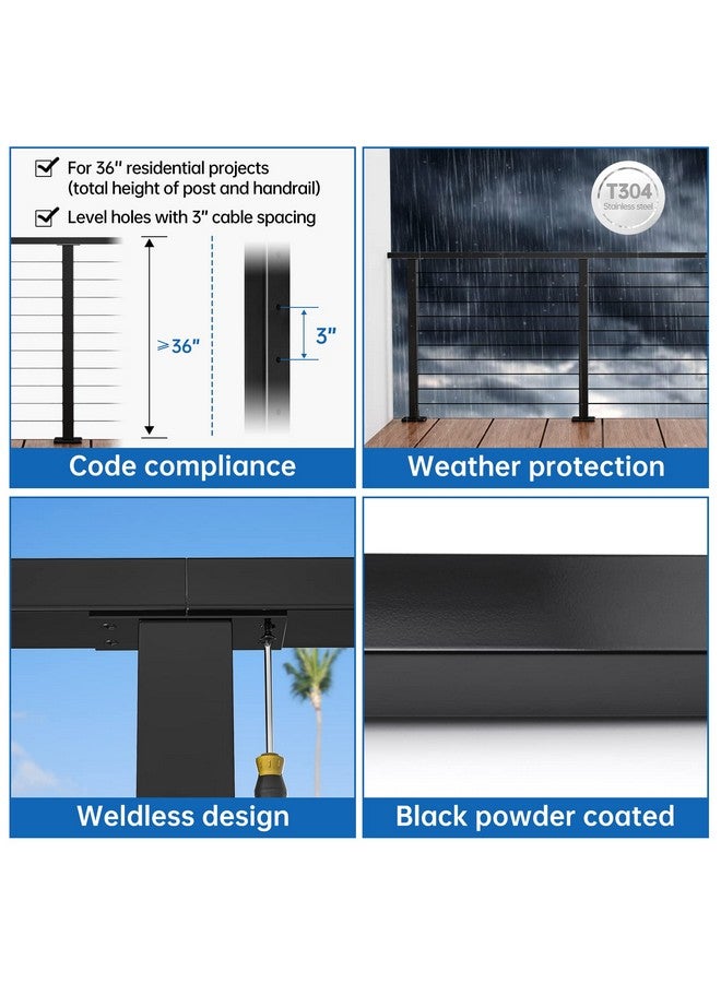 Muzata Black Corner Cable Railing Post 36 Inch 36"x2"x2" T-drilled One-Post Corner Solution Surface Mount Stainless Steel Cable Railing System Kit Indoor Outdoor with Paper User Guide PS02 B34S - Image 2