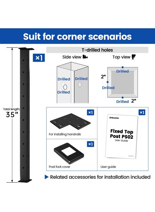 Muzata Black Corner Cable Railing Post 36 Inch 36"x2"x2" T-drilled One-Post Corner Solution Surface Mount Stainless Steel Cable Railing System Kit Indoor Outdoor with Paper User Guide PS02 B34S - Image 1