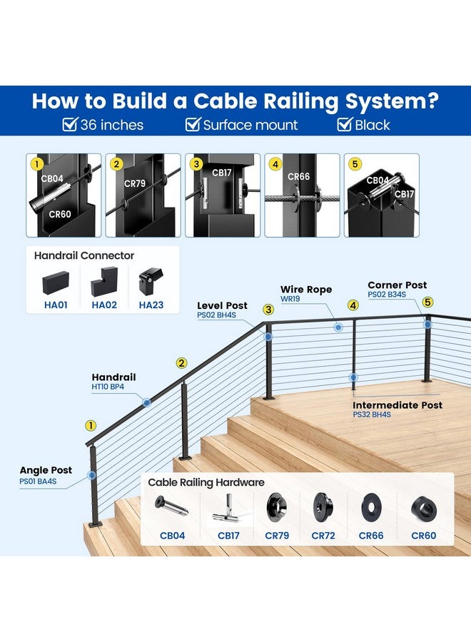 Muzata Black Corner Cable Railing Post 36 Inch 36"x2"x2" T-drilled One-Post Corner Solution Surface Mount Stainless Steel Cable Railing System Kit Indoor Outdoor with Paper User Guide PS02 B34S - Image 4