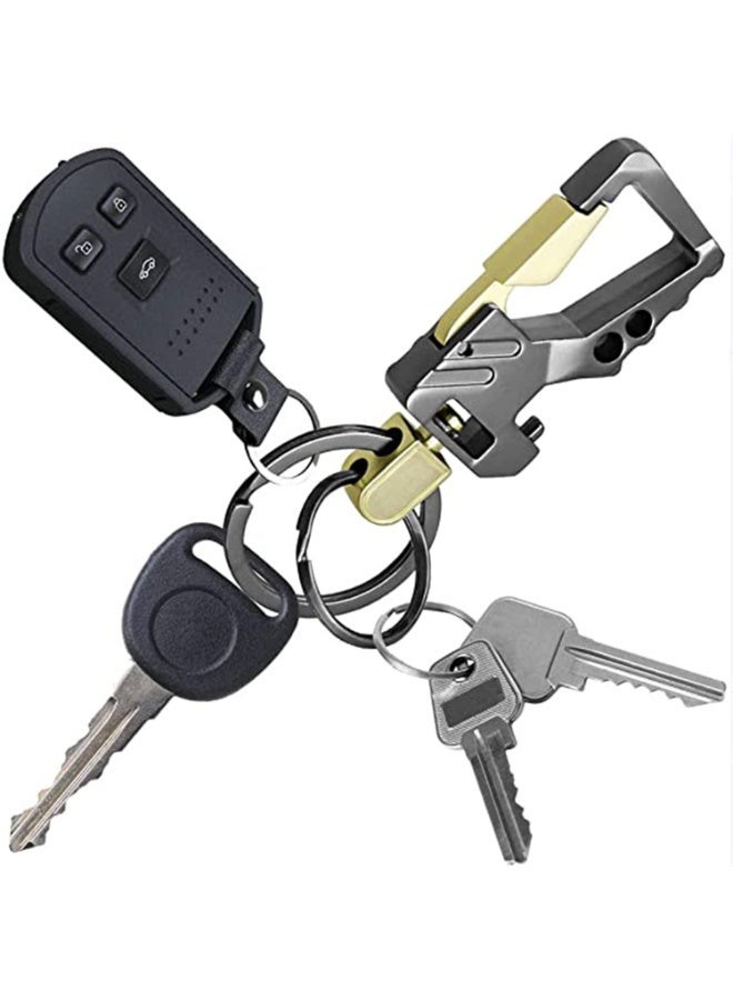 2Pcs Keychains with Bottle Opener Function, EDC Car Keychain Tactical Carabiner Key Ring with Clip, Heavy Duty Zinc Alloy Key Chain for Men and Women, Black Gold & Silver Black - Image 2