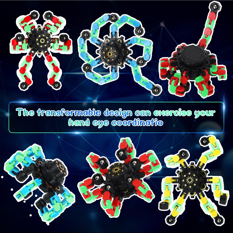 Junkin 100 Pcs Funny Sensory Fidget Toys Bulk, Transformable Chain Robot Finger Toy, Fidget Spinner Stress Relief Fingertip Gyro Mechanical Spiral Spinner, Party Favors Gifts for Adult Kids (Glow) - Image 3