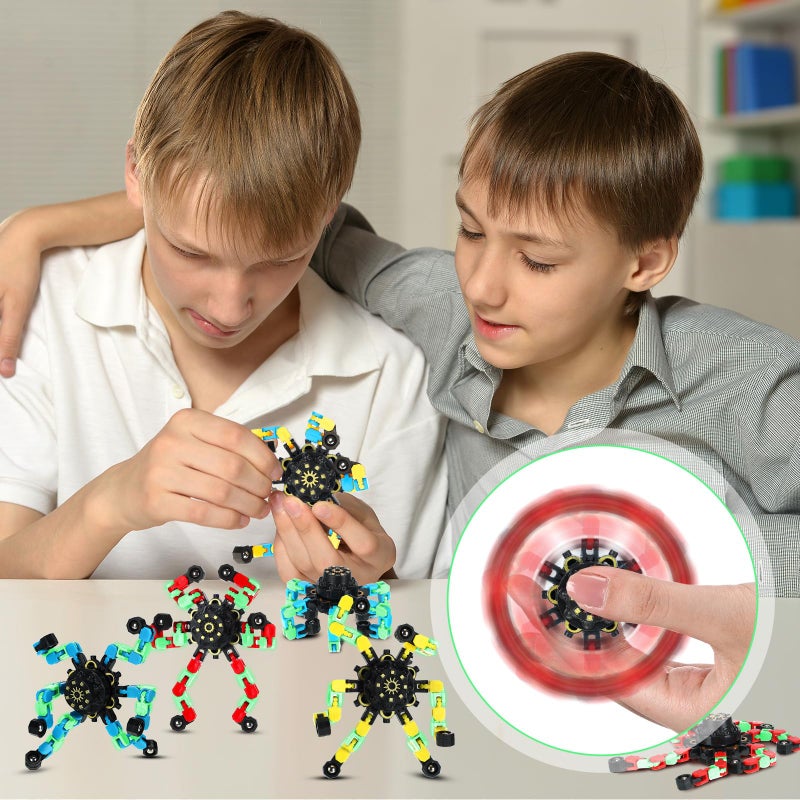 Junkin 100 Pcs Funny Sensory Fidget Toys Bulk, Transformable Chain Robot Finger Toy, Fidget Spinner Stress Relief Fingertip Gyro Mechanical Spiral Spinner, Party Favors Gifts for Adult Kids (Glow) - Image 5