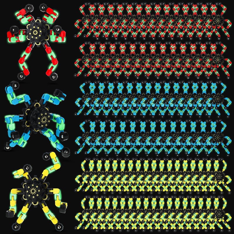 Junkin 100 Pcs Funny Sensory Fidget Toys Bulk, Transformable Chain Robot Finger Toy, Fidget Spinner Stress Relief Fingertip Gyro Mechanical Spiral Spinner, Party Favors Gifts for Adult Kids (Glow) - Image 1