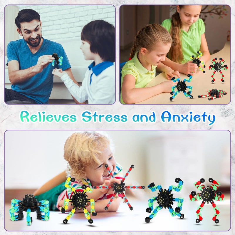 Junkin 100 Pcs Funny Sensory Fidget Toys Bulk, Transformable Chain Robot Finger Toy, Fidget Spinner Stress Relief Fingertip Gyro Mechanical Spiral Spinner, Party Favors Gifts for Adult Kids (Glow) - Image 4