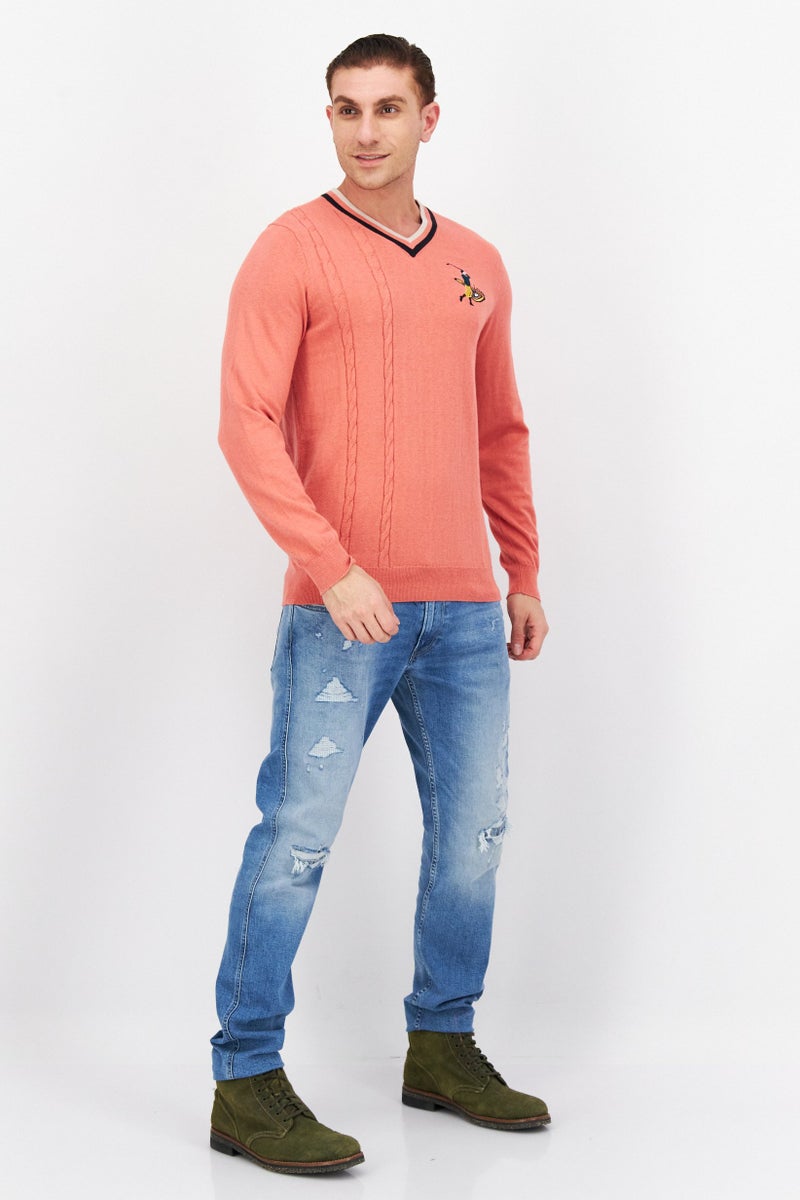 Lyle & Scott سويت شيرت مزخرف بأكمام طويلة على شكل حرف V للرجال، وردي - Image 4