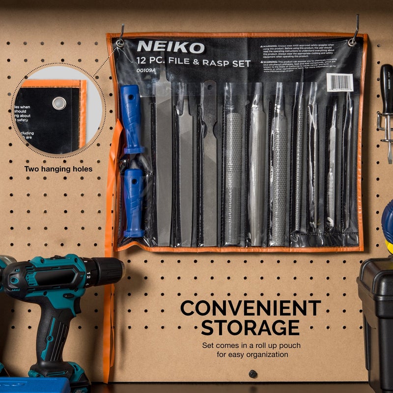 Neiko 00109A Metal File and Rasp Set | 12 Piece, 10, 8, and 6 Inch Extra Slim Flat, Half, Mill, and Round Files Set | Non Slip PVC Handle, Wood File | Heat Treated Carbon Steel Two Way File - Image 5