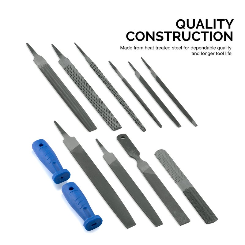 Neiko 00109A Metal File and Rasp Set | 12 Piece, 10, 8, and 6 Inch Extra Slim Flat, Half, Mill, and Round Files Set | Non Slip PVC Handle, Wood File | Heat Treated Carbon Steel Two Way File - Image 2