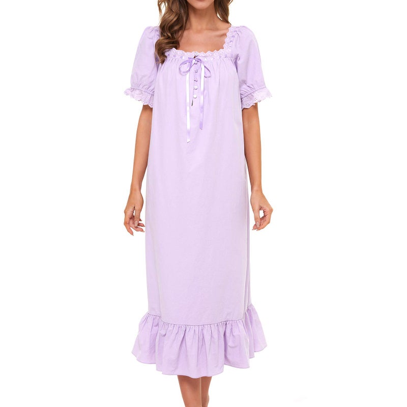 Lus Chic Womens Victorian Nightgown Cotton Sleepwear Long Loungewear Short Sleeve Soft Nightwear Night Dress Sleep Calf Length Ruffle Nightdress Scoop Neck Lace Solid Purple XLarge
