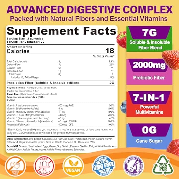 NEVISS 1Pack Fiber Gummies for Adults with Psyllium Husk, 7G(Soluble + Insoluble) Daily Prebiotic Fiber with Inulin, FOS, Guar Gum, Multivitamins for Daily Digestive Health, Regularity Gut Support,Sugar Free - Image 2