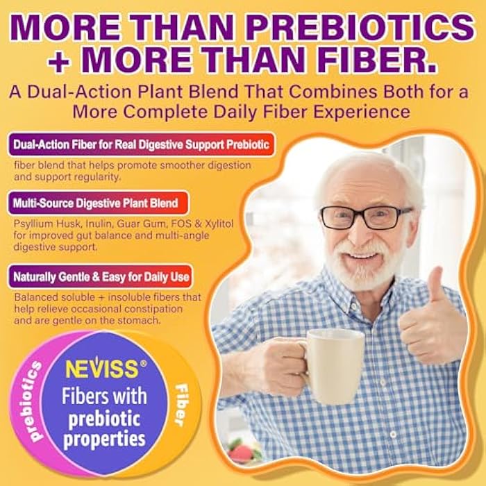 NEVISS 1Pack Fiber Gummies for Adults with Psyllium Husk, 7G(Soluble + Insoluble) Daily Prebiotic Fiber with Inulin, FOS, Guar Gum, Multivitamins for Daily Digestive Health, Regularity Gut Support,Sugar Free - Image 5