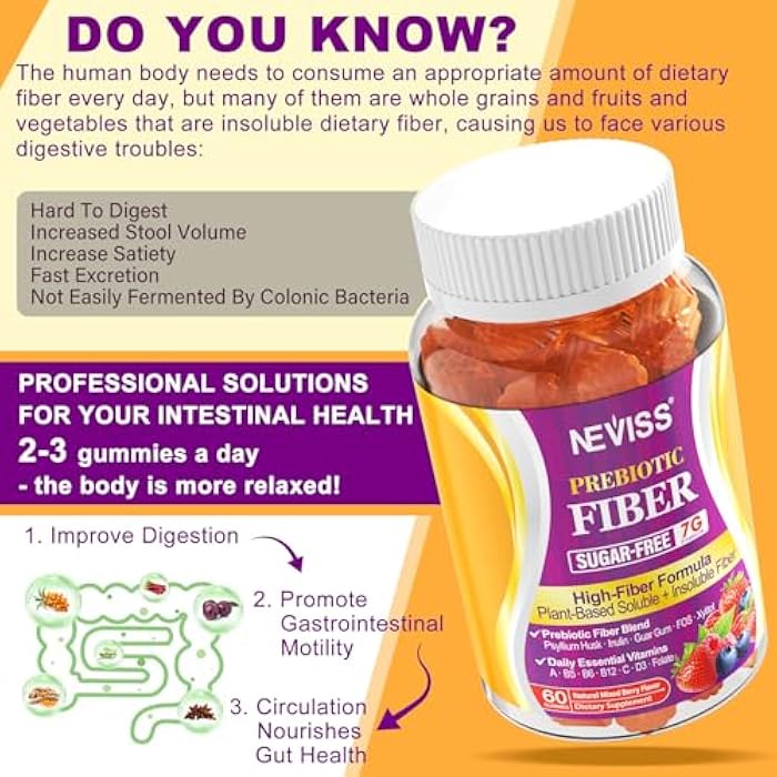 NEVISS 1Pack Fiber Gummies for Adults with Psyllium Husk, 7G(Soluble + Insoluble) Daily Prebiotic Fiber with Inulin, FOS, Guar Gum, Multivitamins for Daily Digestive Health, Regularity Gut Support,Sugar Free - Image 3