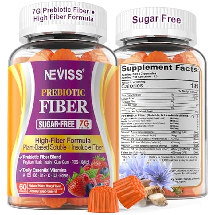 NEVISS 1Pack Fiber Gummies for Adults with Psyllium Husk, 7G(Soluble + Insoluble) Daily Prebiotic Fiber with Inulin, FOS, Guar Gum, Multivitamins for Daily Digestive Health, Regularity Gut Support,Sugar Free - Image 1
