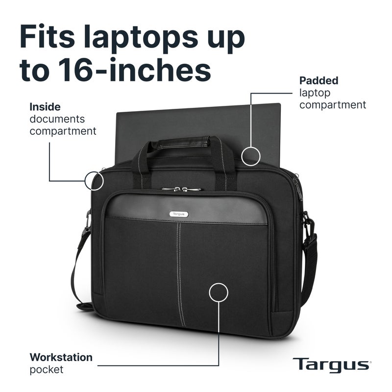 Targus 15-16 Inch Classic Slim Laptop Bag, Black - Ergonomic Briefcase and Messenger Bag - Spacious Foam Padded Laptop Bag for 16" Laptops and Under (TCT027US) - Image 4