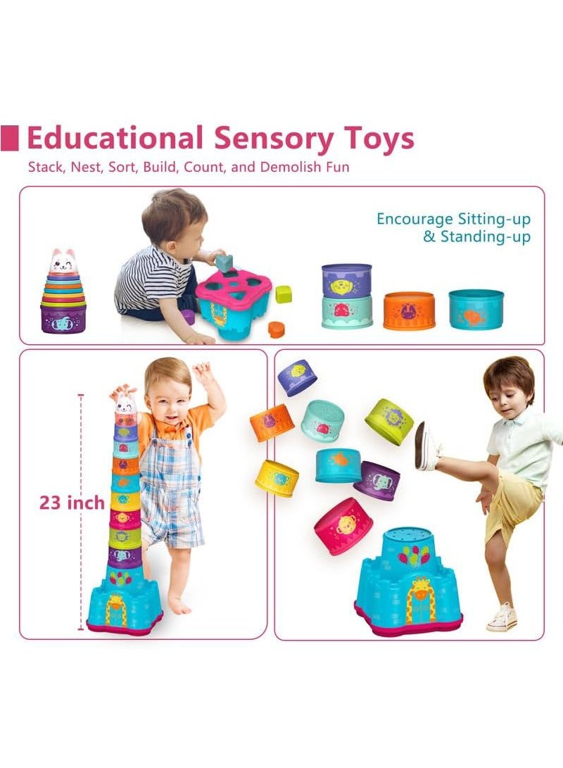 توبيتش لعبة مكدسة مونتيسوري - كؤوس متداخلة وتصفيف الأشكال التعليمية، كتل حسية لوقت الاستحمام/القعود على البطن لأولاد الصغار - Image 2