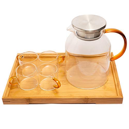 OANGO Glass Tea Pot Kettle Stainless Steel Lid Pitcher Heat-Resistant Glass Hot Water Carafe 1 Teapot, 4 Mugs and 1 Wooden Tray Transparent. - Image 1