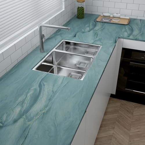 VaryPaper 32x118 Teal Blue Marble Contact Paper for Countertops Matte Waterproof Counter Top Peel and Stick Marble Wallpaper for Kitchen Walls Cabinets Removable Self Adhesive Marble Vinyl Wrap - Image 3
