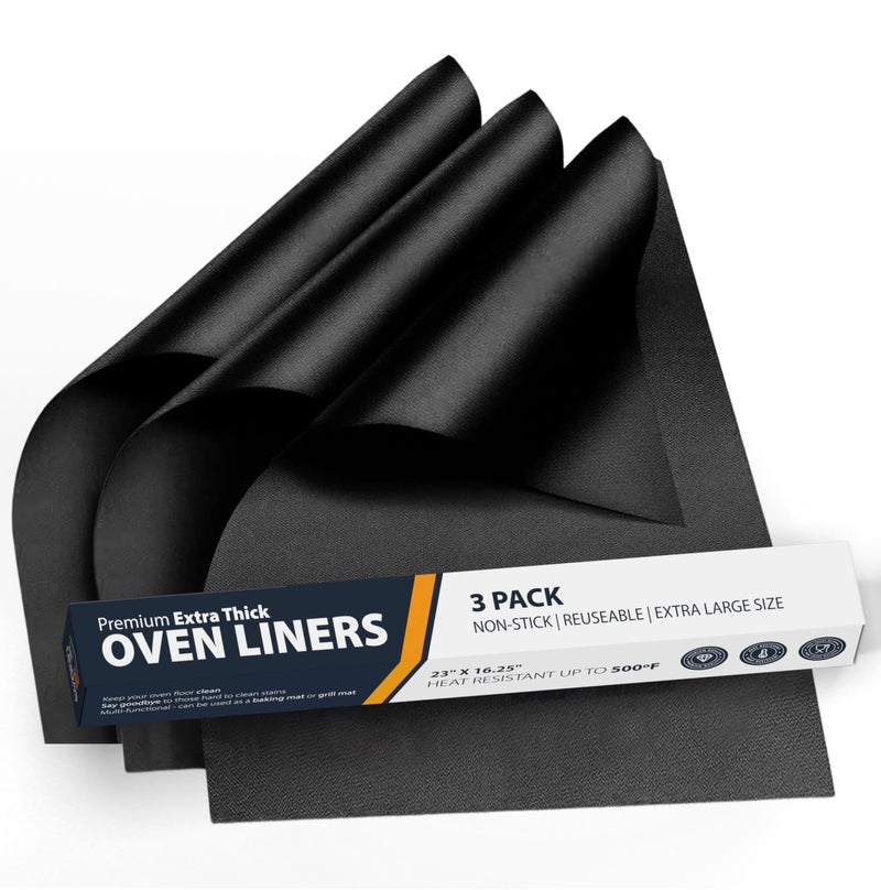 Oven Liners for Bottom of Oven  3 Pack Large Heavy Duty Mats 1625x23 NonStick Reusable Liner for Electric Gas Toasters Grills  BPA  PFOA Free Kitchen Accessory to Keep It Clean Black