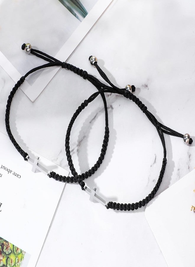 Sureio سوار الصداقة Sureio Cross القابل للتعديل حبل مضفر صليب يسوع المسيحي أساور الأزواج المتطابقة خيط محظوظ شريط BFF لسيدات ورجال وأولاد وبنات عيد الفصح والمعمودية (أسود) - Image 4