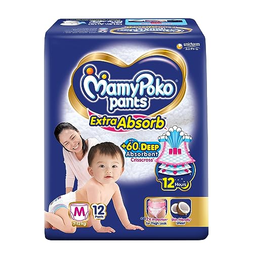 Mamypoko pants Extra Absorb| Pant Style Baby Diapers (M), 12 Count, 7-12kgs||Deep Sleep Diapers| Soft gentle fit |Deep Absorbent Crisscross | Skin Friendly with Coconut Oil - Image 1