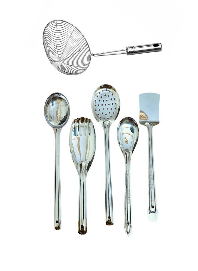 PUTHAK 6 Pcs Stainless Steel Kitchen Spoon Set - Ladle, Turner, Strainer, Rice Spoon | Cooking & Serving Utensils - Image 1