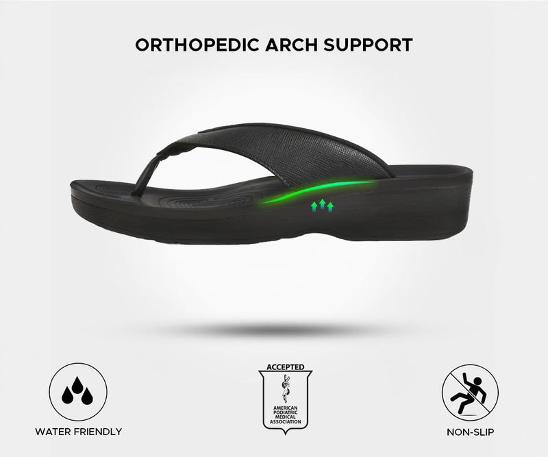 AEROTHOTIC Comfy Flip Flops for Women with Arch Support Orthotic Footbed Stylish Faux Leather Padded Straps with Soft Toe Post & Non-Slip Sole Slip On Casual Indoor and Outdoor Ladies Sandals (Matt Black, Size 9) - Image 5