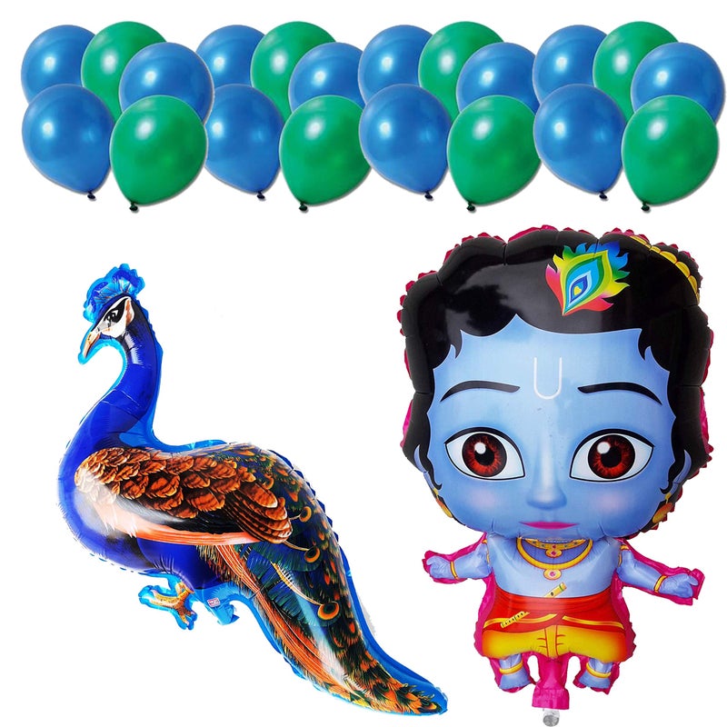 Balloonistics Masti Zone Pack Of 4 pcs (3 Krishna+1Peacock) Peacock Foil Balloons With 50 Green Blue Balloons peacock Krishna Theme Party Decoration (Peacock Theme 13) - Image 5