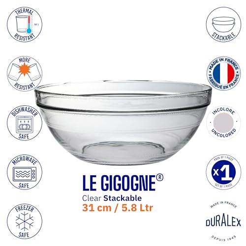 Duralex France Gigogne Clear Stackable Glass Bowl 5.8L | 1 Bowl | Large Capacity for Baking, Mixing, Serving | 3X Stronger, Scratch-Resistant, Dishwasher & Microwave Safe - Image 4