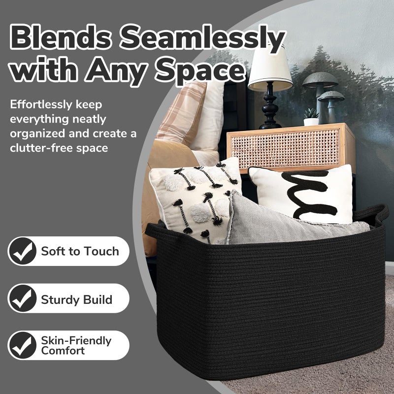 Goodpick Large Blanket Basket Living Room, 21.6" x 14.9" x 11.8" Woven Storage Basket for Blankets, Toys, Rectangle Rope Dirty Clothes Baskets for Nursery, Bedroom, Black - Image 5