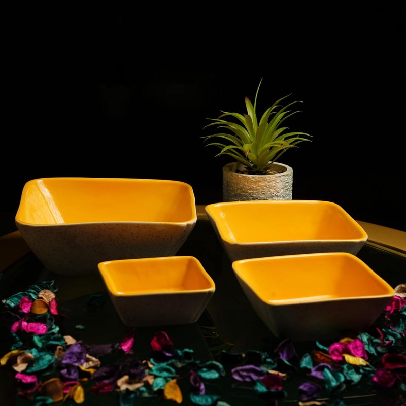 Caffeine Ceramic Handmade Matte Cream Glossy Yellow Serving Bowl Set of 4 - Image 1