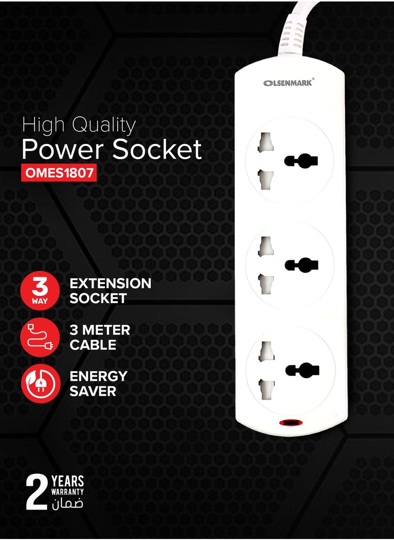 Olsenmark Olsenmark 3 Way Power Socket OMES1807D, 3 M cord, PP Fire Proof Housing and Child Safety, Ideal for Home, Office  - Image 2