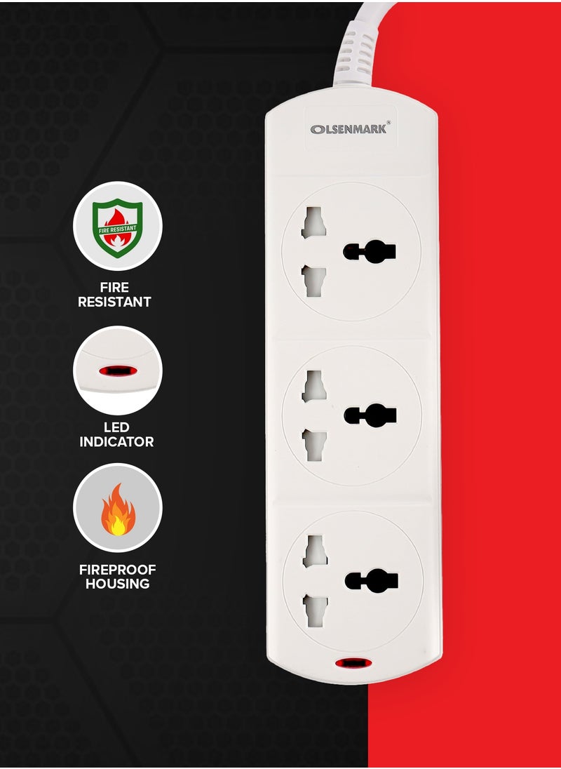 Olsenmark - Olsenmark 3 Way Power Socket OMES1807D, 3 M cord, PP Fire Proof Housing and Child Safety, Ideal for Home, Office - Image 1