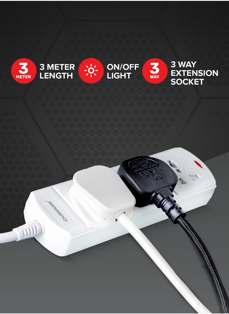 Olsenmark Olsenmark 3 Way Power Socket OMES1807D, 3 M cord, PP Fire Proof Housing and Child Safety, Ideal for Home, Office  - Image 4