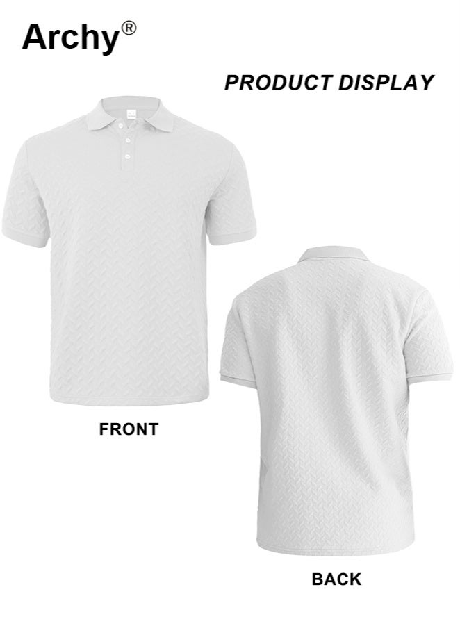 Archy Men's Casual Short-Sleeve Polo Shirt - Breathable Geometric Knit Fabric with Button Placket, Regular Fit for Daily Wear & Smart Casual Occasions - Image 5