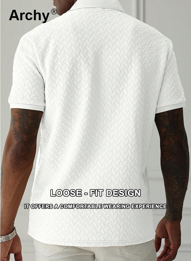 Archy Men's Casual Short-Sleeve Polo Shirt - Breathable Geometric Knit Fabric with Button Placket, Regular Fit for Daily Wear & Smart Casual Occasions - Image 4