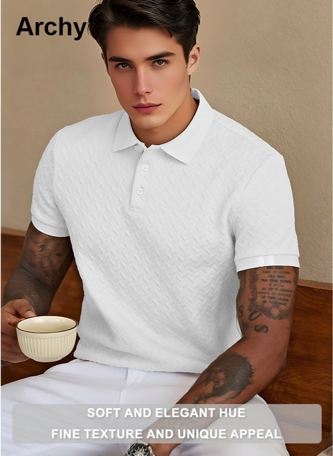 Archy Men's Casual Short-Sleeve Polo Shirt - Breathable Geometric Knit Fabric with Button Placket, Regular Fit for Daily Wear & Smart Casual Occasions - Image 1