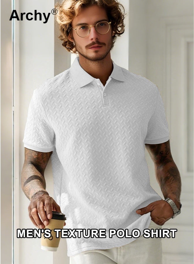 Archy Men's Casual Short-Sleeve Polo Shirt - Breathable Geometric Knit Fabric with Button Placket, Regular Fit for Daily Wear & Smart Casual Occasions - Image 2
