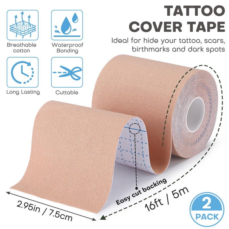 Udefineit 2 Rolls Tattoo Cover Up Tape, 3"x16.4ft Tattoo Cover Up Patches Water-Resistant & Sweat-Resistant, Cuttable Skin Tone Tattoos Patches to Coverup Tattoos Concealer Scars & Birthmarks Sticker, Light Tan - Image 2