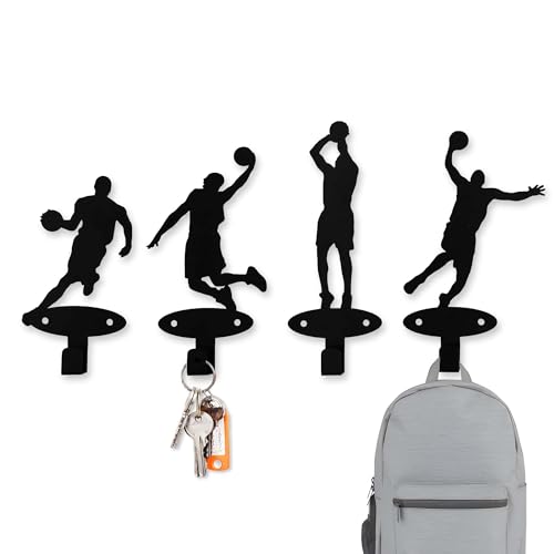 Xedatric 4 Piece Set Basketball Players Slam Dunk Silhouette Shape Coat Hooks Wall Mounted Metal Wall Hanger Hooks for Teen Boys Bedroom Basketball Room Decor Medal Hanger Display - Image 1