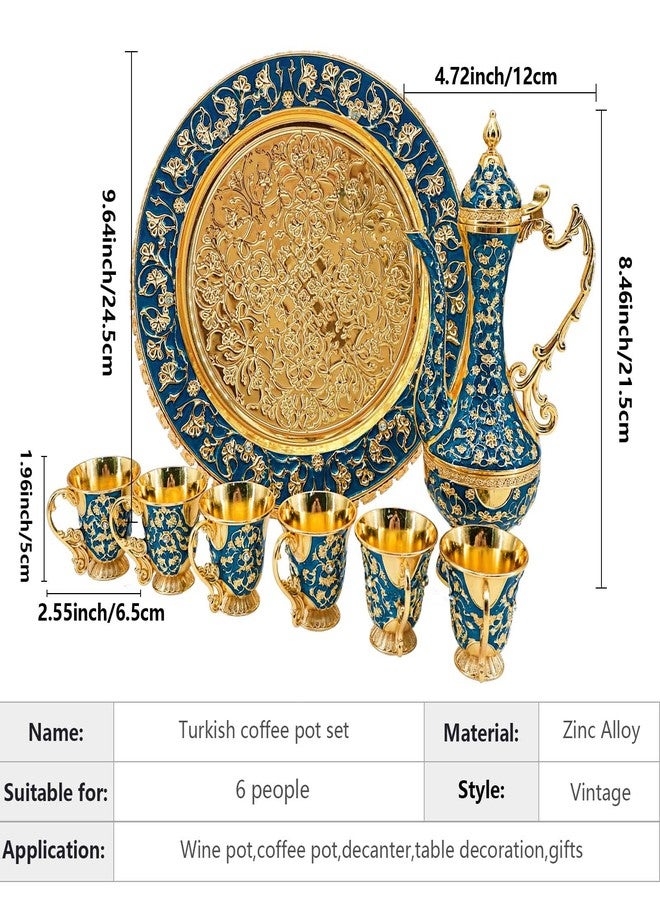 Igtazy Turkish Coffee Cup and Tea Pot Set Including Teapot,Tea Tray,6 Metal Cups,Tea Service Set for Tea Table Decor,Hip Flask,Gift (Blue and Gold) - Image 2