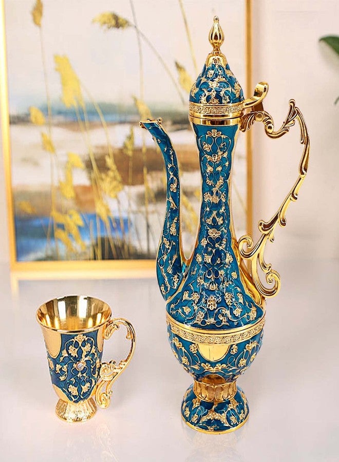 Igtazy Turkish Coffee Cup and Tea Pot Set Including Teapot,Tea Tray,6 Metal Cups,Tea Service Set for Tea Table Decor,Hip Flask,Gift (Blue and Gold) - Image 3