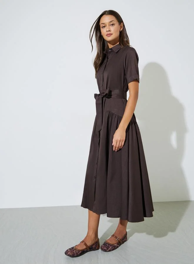 Styli  Brown Solid Belted Waist Shirt Midi Dress for Women | Best Price UAE