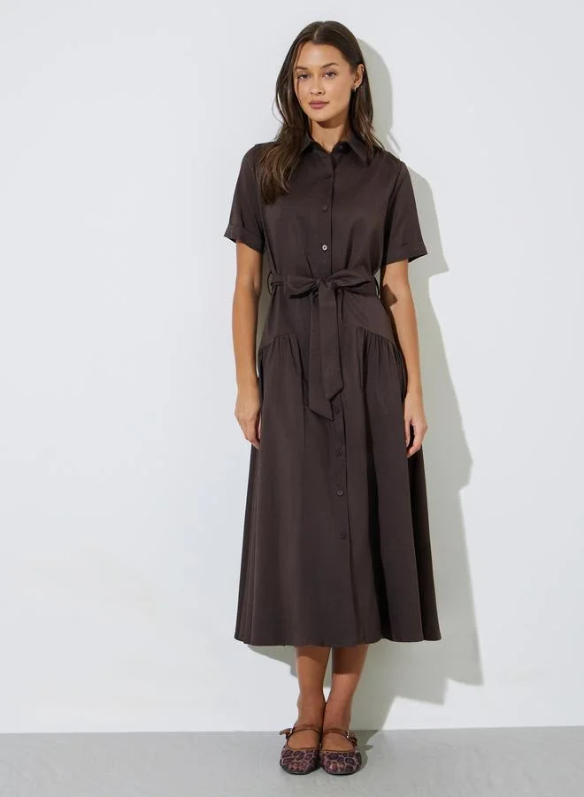 Brown Solid Belted Waist Shirt Midi Dress