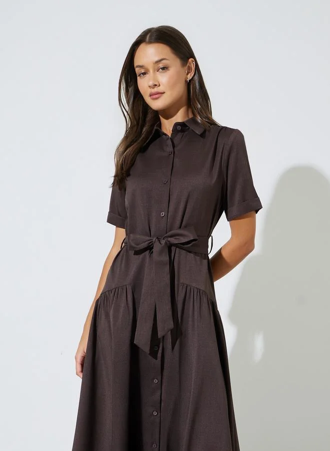 Styli  Brown Solid Belted Waist Shirt Midi Dress for Women | Best Price UAE