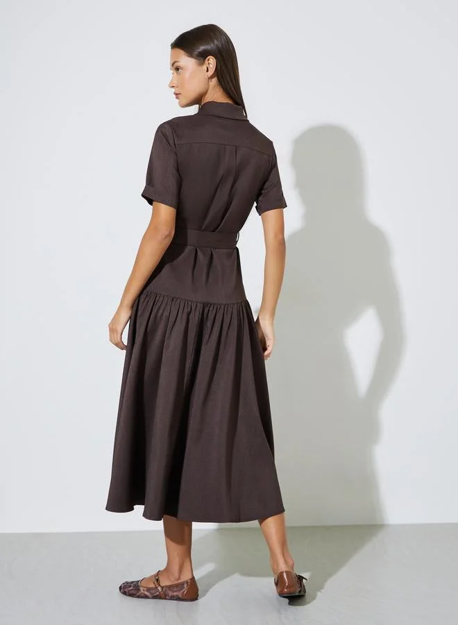 Styli  Brown Solid Belted Waist Shirt Midi Dress for Women | Best Price UAE